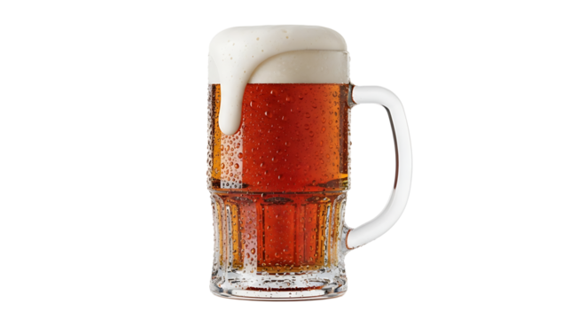 A refreshing mug of amber liquid with a frothy white head, the glass glistening with condensation, transparent background.
