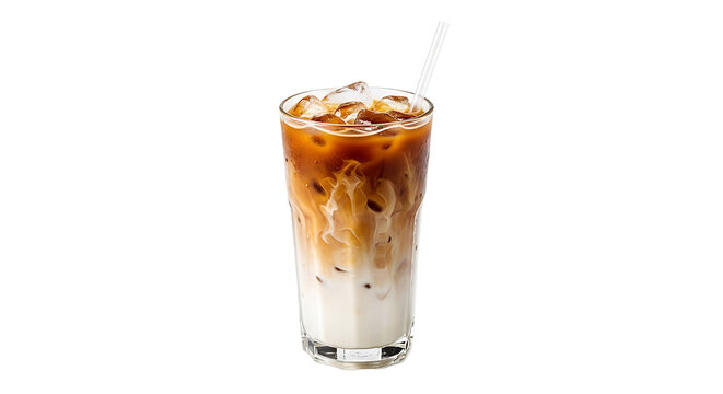 A refreshing iced latte with a straw. The perfect caffeinated beverage for a hot day, served in a tall glass.