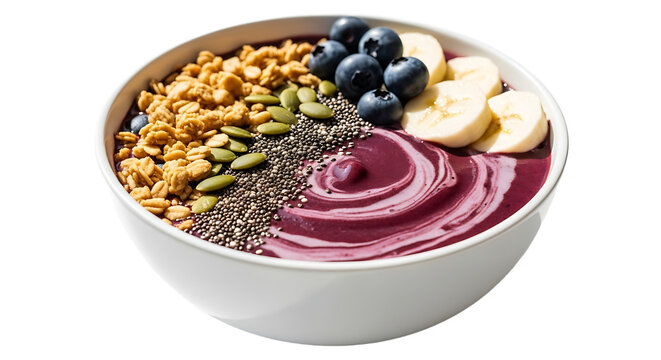 A vibrant acai bowl, perfect for a healthy start, blends creamy acai with granola, seeds, fruit, and a swirl of delight.