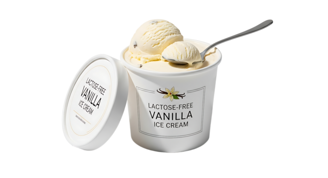 A container of lactose-free vanilla ice cream with a scoop taken out, and the lid off to the side. So delicious!