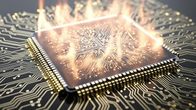 A powerful microchip glows intensely on a circuit board, symbolizing advanced data processing and technology.