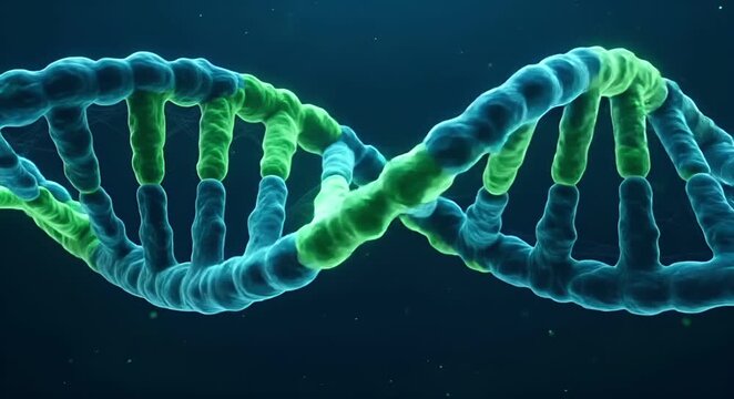 3D DNA double helix rotating in dark molecular background. Concept of genetic engineering, biotechnology, medical research, genome editing, healthcare science, lab innovation and future medicine 