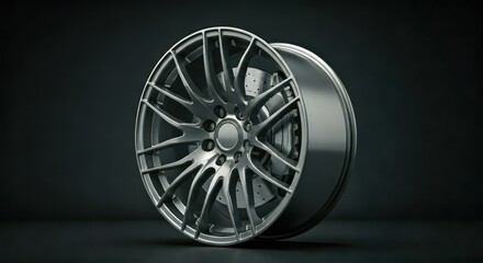 Sleek, angled silver wheel, partially revealing brake disc, set against a dark grey background