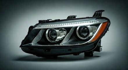 Sleek automotive headlight, black casing, dual projectors, LED strip, amber accent, close-up