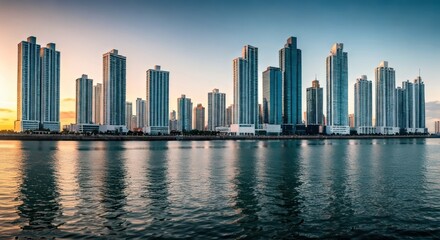 Skyscrapers line a waterfront at sunset, their reflections shimmering in calm water