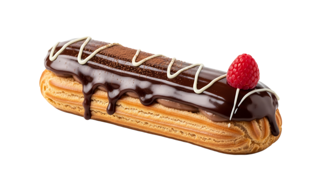 An exquisite chocolate éclair with raspberry, coated with icing; a delightful confectionery with a sweet, fruity touch.