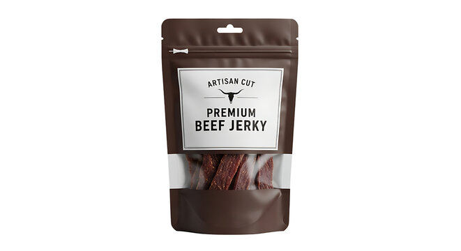 A close-up of a dark brown packet featuring beef jerky visible through a clear window, inviting a savory indulgence.