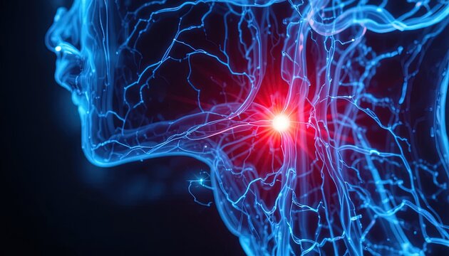 Stunning 3D rendering of head with glowing neural network representing brain activity, perfect for medical research or innovative technology concepts