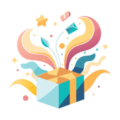 Exploding gift box with colorful abstract elements isolated on transparent background
