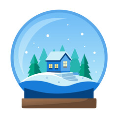 Cozy blue house in a winter snow globe isolated on transparent background