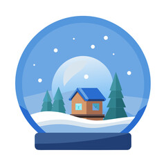 Cozy winter cabin inside a snow globe isolated on transparent background