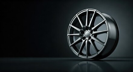 Sleek, metallic alloy car wheel with multiple spokes, presented against a dark, reflective backdrop