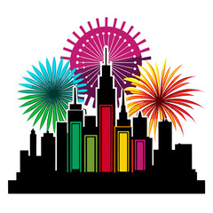 Colorful fireworks display over city skyline isolated on transparent background