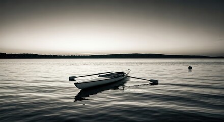 Small, white rowboat on serene lake at dusk; peaceful waters reflect oars