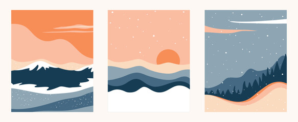 Warm winter background in variuos scapes, snowy nature illustration