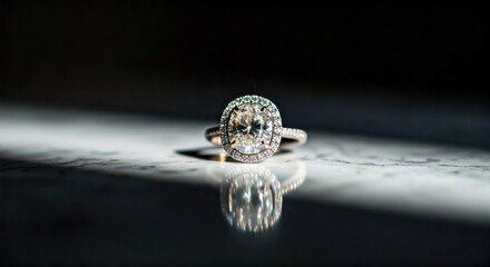 Sparkling diamond engagement ring on a marbled surface with shadows