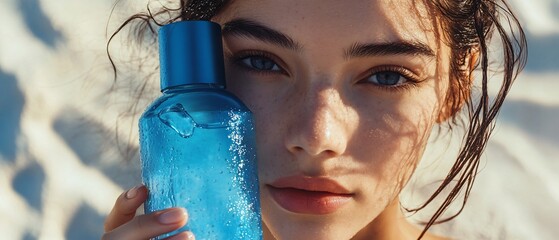 Athletic woman holding refreshing blue water