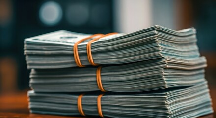 Stack of US currency secured by rubber bands, on a wooden surface, close-up, shallow focus