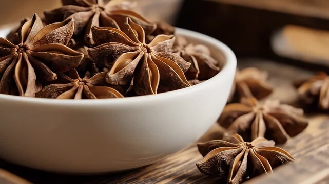 A visually appealing close-up shot highlights a generous collection of fragrant dried star anise pods, meticulously arranged within a small, clean white ceramic bowl. Several additional star anise pie