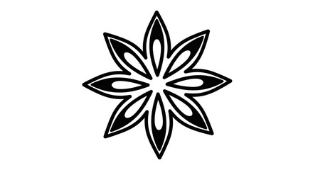 Black and white graphic of an eight-pointed star-like shape, resembling a stylized flower or geometric design.
