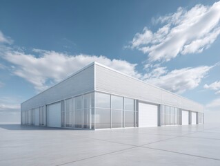 Obraz premium Modern Architectural Design: A contemporary warehouse, designed with clean lines and large glass windows, stands against a bright sky, emphasizing its sleek design and modern functionality.