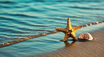 Starfish & seashell on sandy beach, waves gently lapping, sunlight creating highlights
