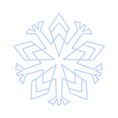 Snowflake icon vector. Detailed icy blue line art symbol with star center, isolated on white. Perfect for winter decor, Christmas cards, stickers, logo, and digital design.