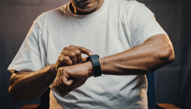 Senior man in a white t-shirt checking his health data on a modern smart watch. Elderly person using wearable technology - Powered by Adobe