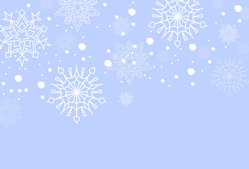 Snowflake border vector illustration with falling snow on blue background. Winter festive frame for Christmas cards, invitations, holiday banners, and web design