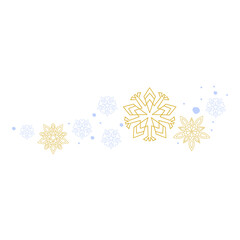 Minimalist gold and blue snowflake border on white background. Elegant linear winter decoration for Christmas invitations, holiday cards, banners, party decor, and modern design