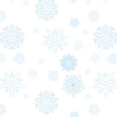 Seamless pattern with blue snowflake outlines on white. Elegant geometric winter background for Christmas wrapping paper, fabric, cards, seasonal decor, and web design