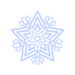 Snowflake icon vector. Detailed icy blue line art symbol with star center, isolated on white. Perfect for winter decor, Christmas cards, stickers, logo, and digital design.