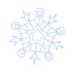 Snowflake icon vector. Detailed icy blue line art symbol with star center, isolated on white. Perfect for winter decor, Christmas cards, stickers, logo, and digital design.