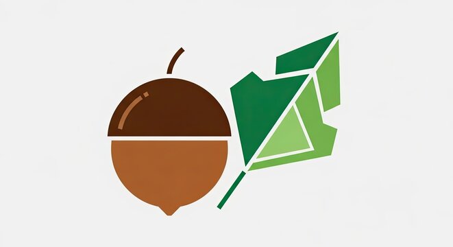 Stylized acorn and geometric oak leaf illustration icon.