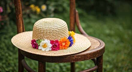 Straw hat adorned with colorful floral garland rests on a vintage wooden chair outdoors