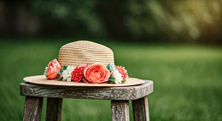 Straw hat adorned with flowers sits atop a weathered wooden stool in a sunlit garden
