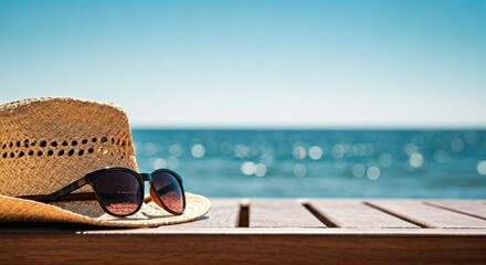Straw hat and sunglasses on a wooden surface with a blurred ocean background