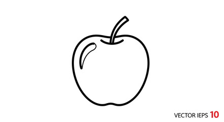 Simple line drawing of an apple with a stem and a leaf detail, isolated on white.