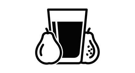 A glass of juice is flanked by a pear and a half pear.