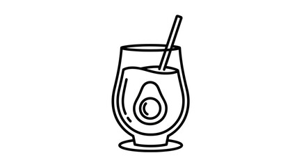 Line art illustration of a glass filled with liquid and an avocado half, featuring a straw.