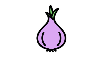 Illustration of a purple onion with green sprouts, outlined in black, against a white background.