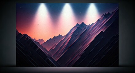 Stylized mountain scene lit by three spotlights against a cosmic sunset