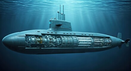 Submarine cross-section showing internal machinery, submerged with sunbeams