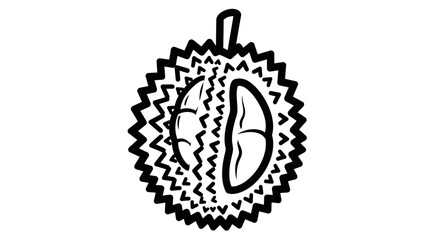 A black and white illustration of a durian fruit, split open, showing the inside.