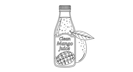 Outlined illustration of a mango juice bottle, fruit, and leaf, all in black and white.