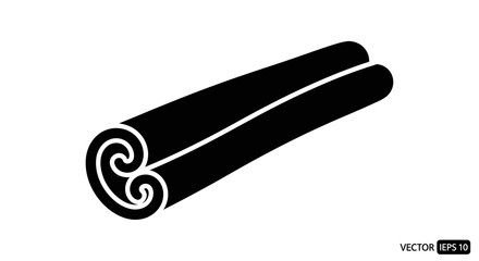 A black silhouette illustration of a cinnamon stick with visible swirls, isolated on a white background.