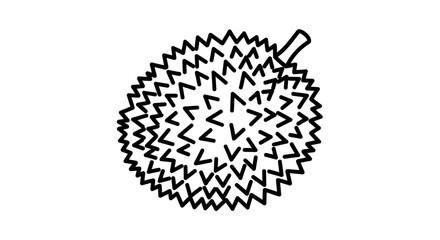 A simple, black and white line drawing of a durian fruit with its spiky exterior and stem.