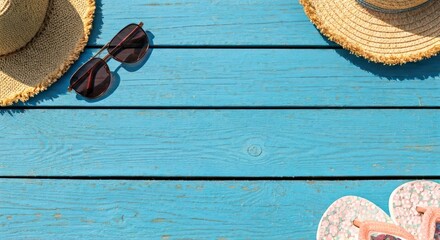 Summer essentials straw hats, sunglasses, and floral flip-flops on a blue wood surface