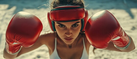 Energetic young female boxer in red gloves