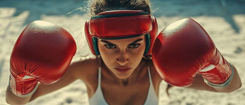 Energetic young female boxer in red gloves